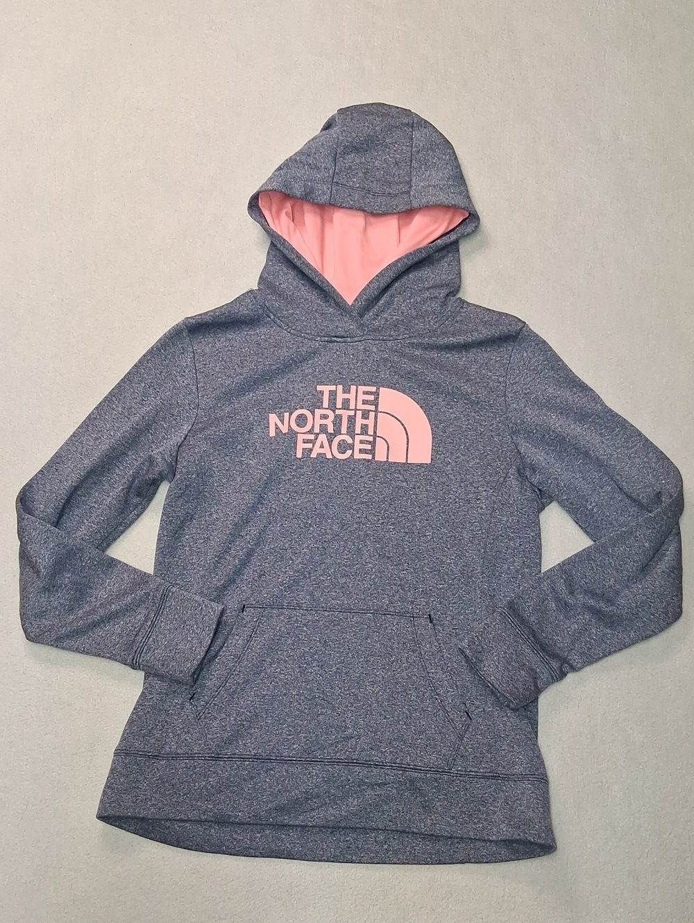 The North Face Heather Navy Hoodie with Pink Logo & Lining